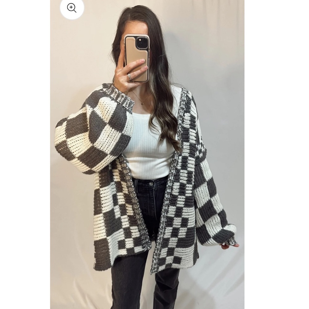 Oversized Brown and White Checkered Cardigan